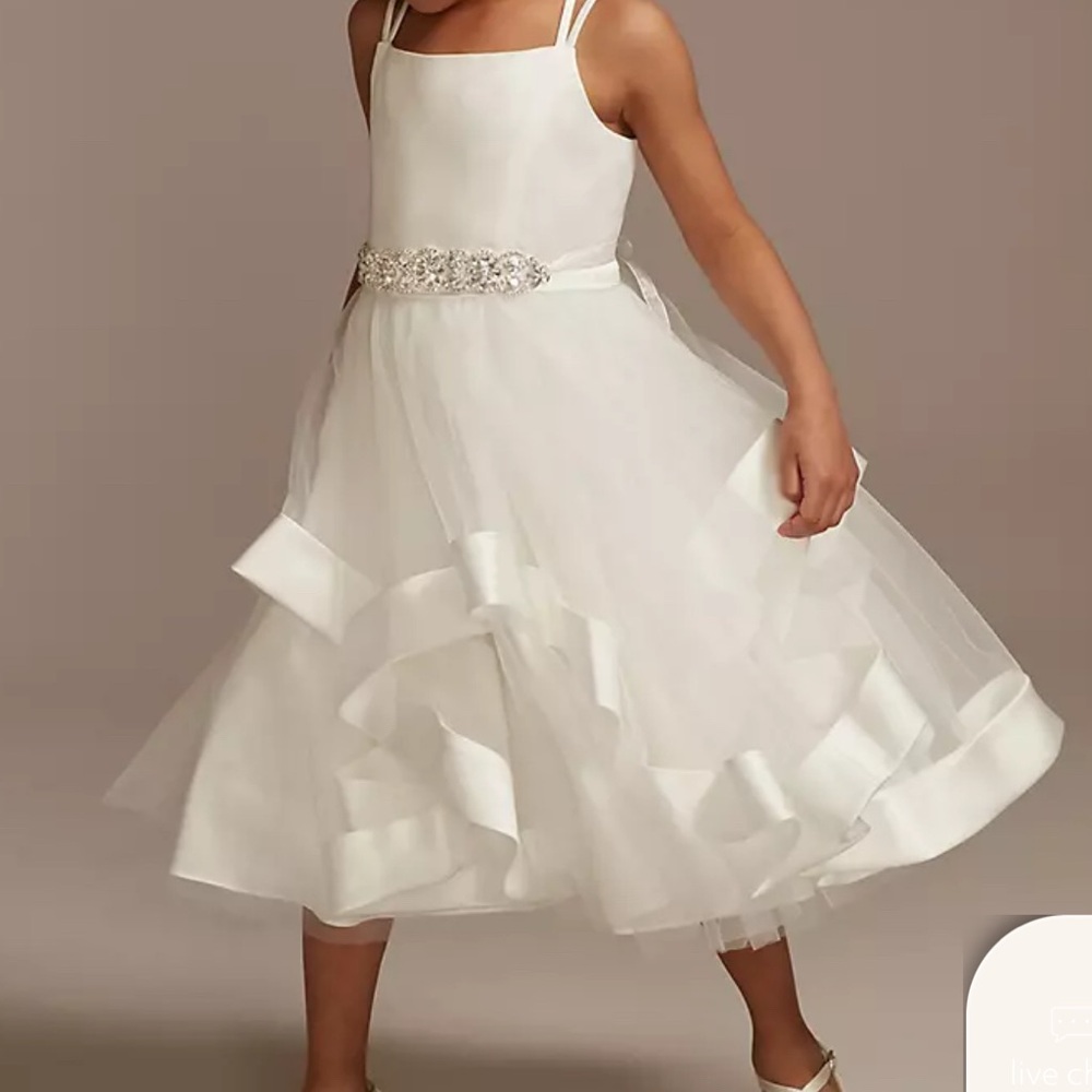 David's Bridal White Satin Flower Girl Gown